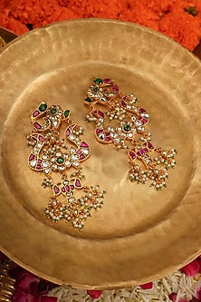 Gold Plated Uncut Polki & Beaded Jadau Dangler Earrings
