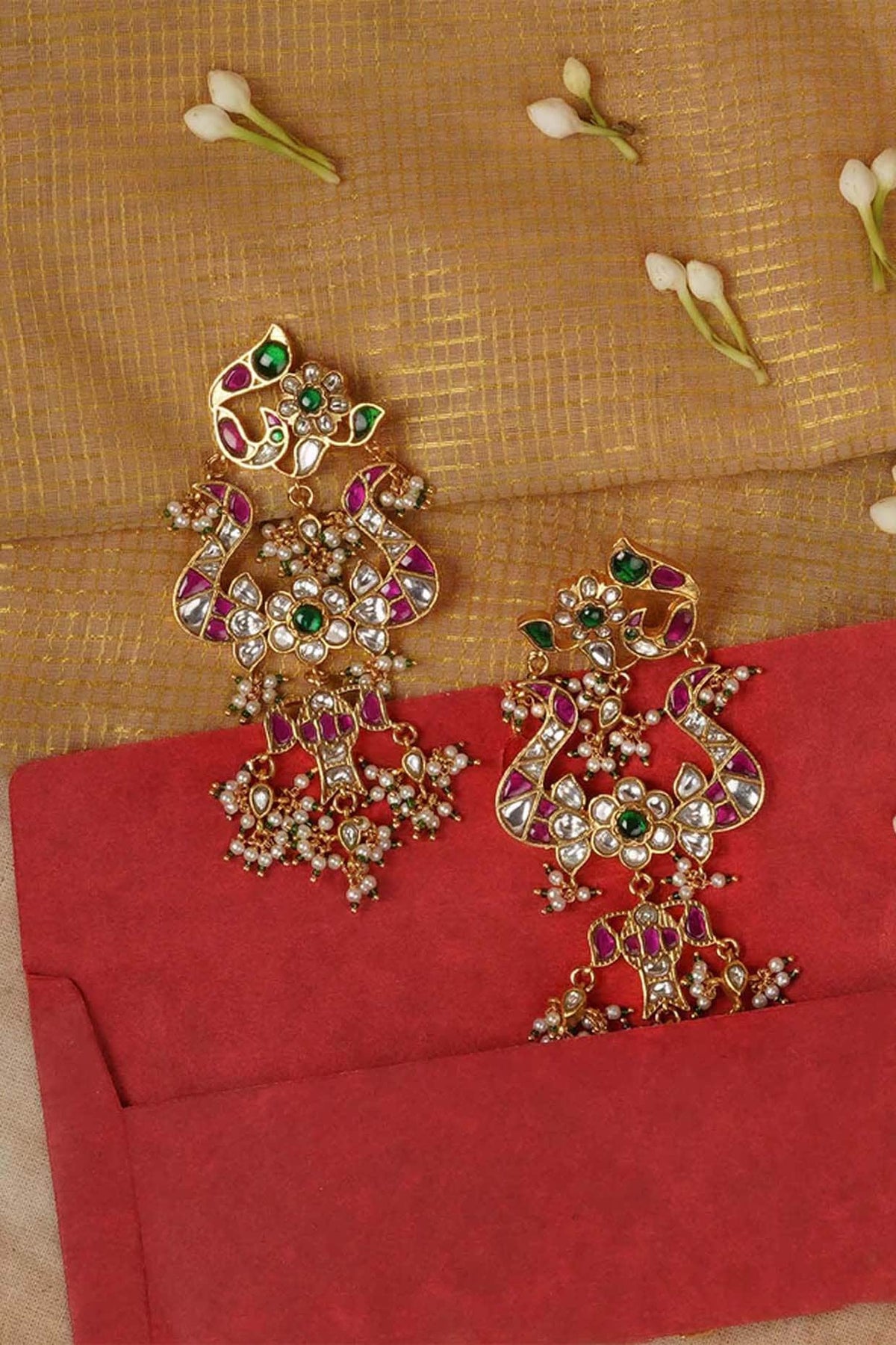 Gold Plated Uncut Polki & Beaded Jadau Dangler Earrings