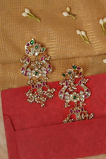 Gold Plated Uncut Polki & Beaded Jadau Dangler Earrings