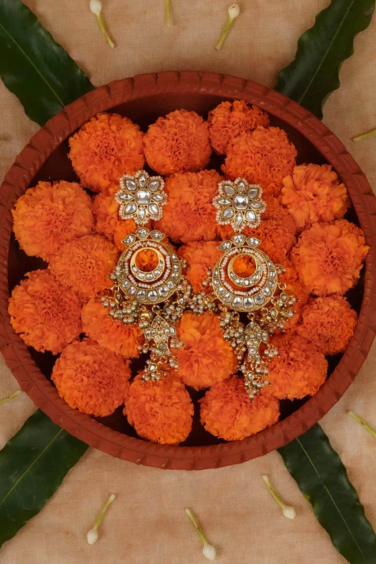 Gold Plated Uncut Polki & Beaded Jadau Dangler Earrings