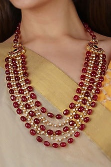 Gold Plated Uncut Polki & Beaded Jadau Mala Necklace