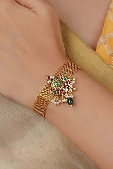 Gold Plated Uncut Polki & Beaded Jadau Bracelet