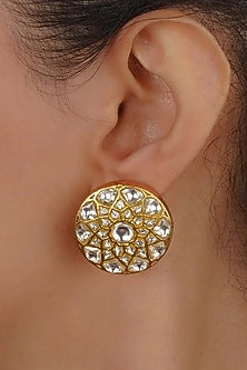Gold Plated Uncut Polki & Beaded Jadau Stud Earrings