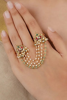 Gold Plated Uncut Polki & Beaded Jadau Ring