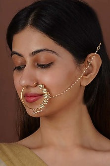 Gold Plated Uncut Polki & Beaded Jadau Nose Ring