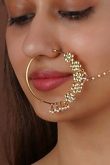 Gold Plated Uncut Polki & Beaded Jadau Nose Ring