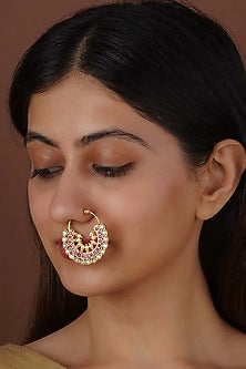 Gold Plated Uncut Polki & Beaded Jadau Nose Ring