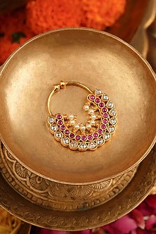 Gold Plated Uncut Polki & Beaded Jadau Nose Ring