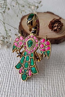 Gold Plated Uncut Polki & Beaded Jadau Ring