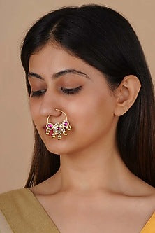 Gold Plated Uncut Polki & Beaded Jadau Nose Ring