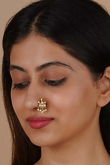 Gold Plated Uncut Polki & Beaded Jadau Nose Ring