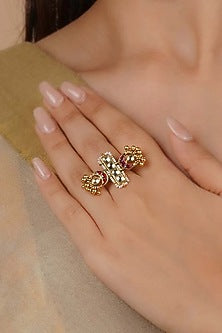 Gold Plated Uncut Polki & Beaded Jadau Ring