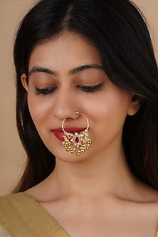 Gold Plated Uncut Polki & Beaded Jadau Nose Ring