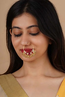 Gold Plated Uncut Polki & Beaded Jadau Nose Ring
