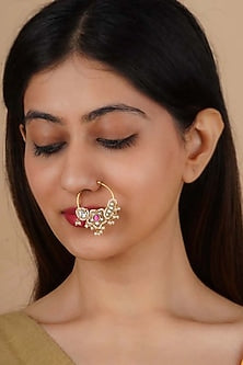 Gold Plated Uncut Polki & Beaded Jadau Nose Ring