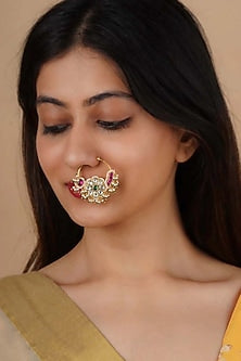 Gold Plated Uncut Polki & Beaded Jadau Nose Ring