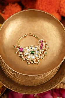 Gold Plated Uncut Polki & Beaded Jadau Nose Ring