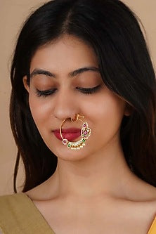 Gold Plated Uncut Polki & Beaded Jadau Nose Ring