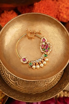 Gold Plated Uncut Polki & Beaded Jadau Nose Ring