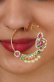 Gold Plated Uncut Polki & Beaded Jadau Nose Ring