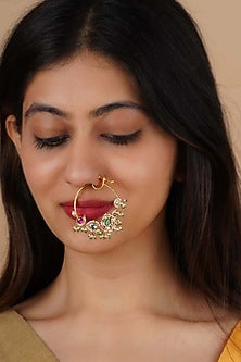 Gold Plated Uncut Polki & Beaded Jadau Nose Ring