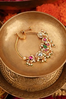 Gold Plated Uncut Polki & Beaded Jadau Nose Ring