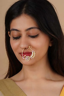 Gold Plated Uncut Polki & Beaded Jadau Nose Ring