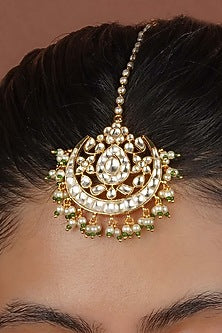 Gold Plated Uncut Polki & Beaded Jadau Maangtikka