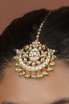 Gold Plated Uncut Polki & Beaded Jadau Maangtikka