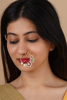 Gold Plated Uncut Polki & Beaded Jadau Nose Ring