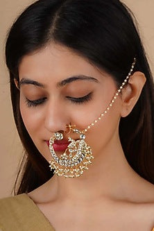 Gold Plated Uncut Polki & Beaded Jadau Nose Ring