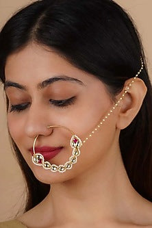 Gold Plated Uncut Polki & Beaded Jadau Nose Ring