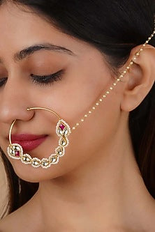 Gold Plated Uncut Polki & Beaded Jadau Nose Ring