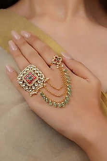 Gold Plated Uncut Polki & Beaded Jadau Ring