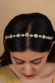 Gold Plated Uncut Polki & Beaded Jadau Mathapatti