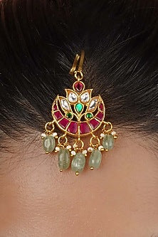Gold Plated Uncut Polki & Beaded Jadau Maangtikka