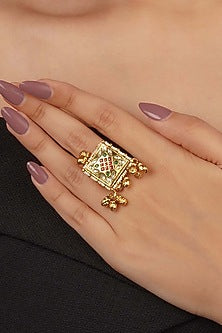 Gold Plated Uncut Polki & Beaded Jadau Ring