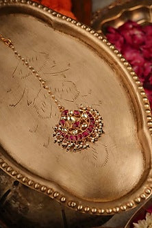 Gold Plated Uncut Polki & Beaded Jadau Maangtikka