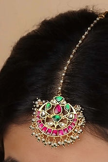 Gold Plated Uncut Polki & Beaded Jadau Maangtikka