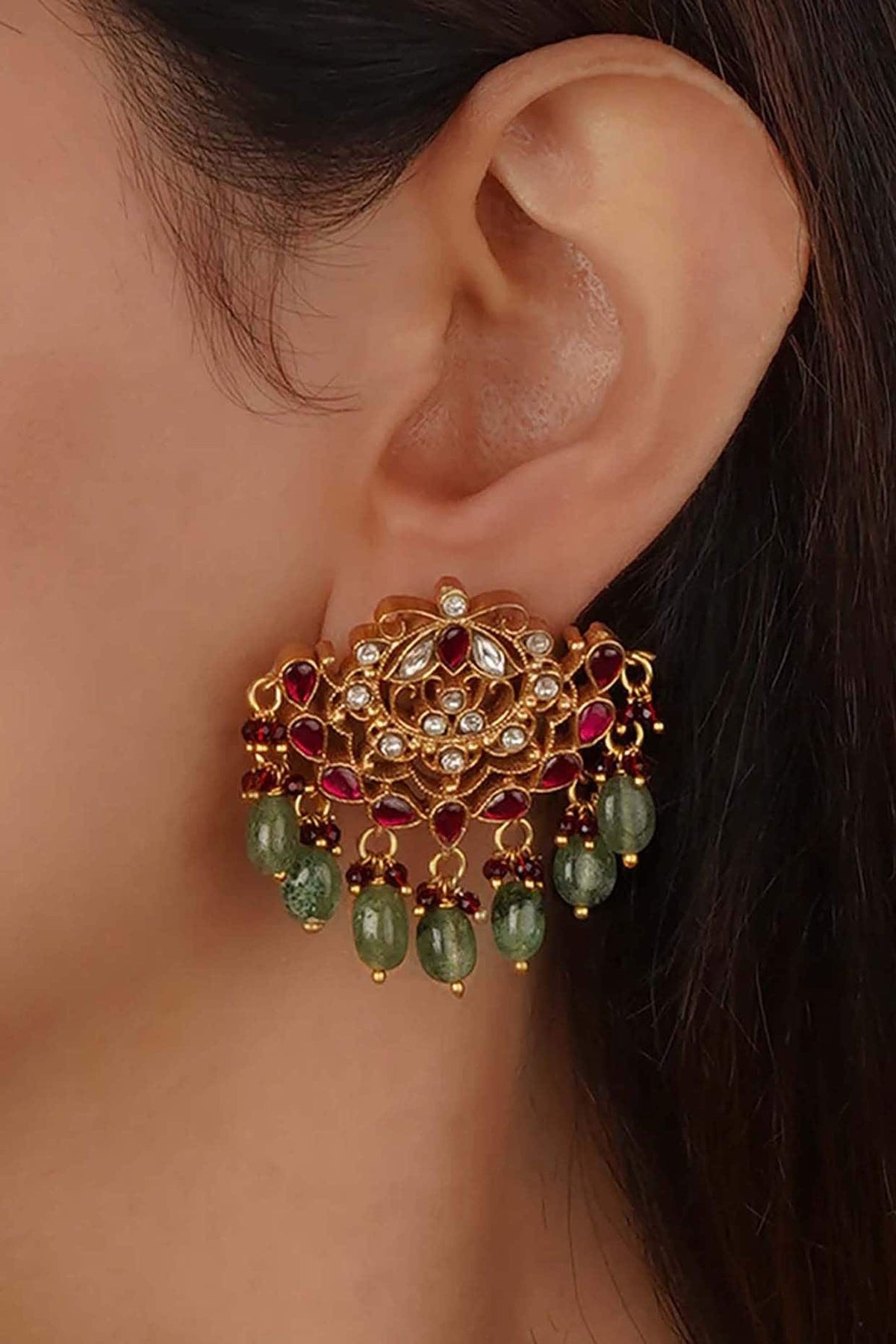 Gold Plated Uncut Polki & Beaded Jadau Dangler Earrings