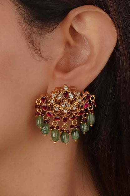 Gold Plated Uncut Polki & Beaded Jadau Dangler Earrings
