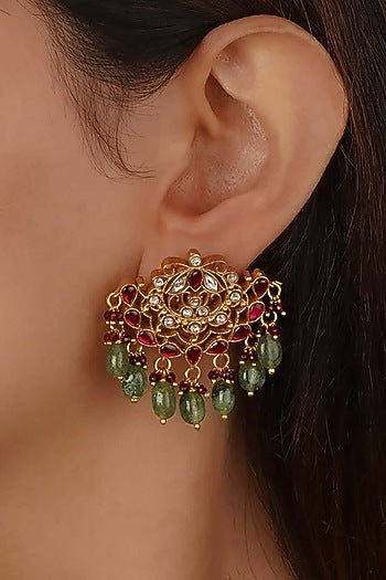 Gold Plated Uncut Polki & Beaded Jadau Dangler Earrings