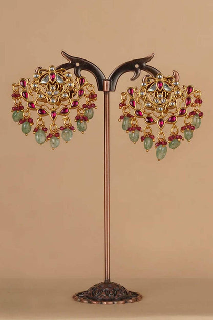 Gold Plated Uncut Polki & Beaded Jadau Dangler Earrings