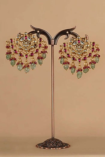 Gold Plated Uncut Polki & Beaded Jadau Dangler Earrings