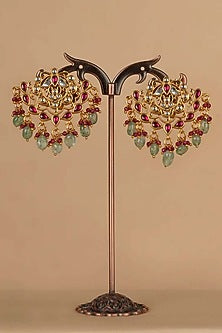 Gold Plated Uncut Polki & Beaded Jadau Dangler Earrings
