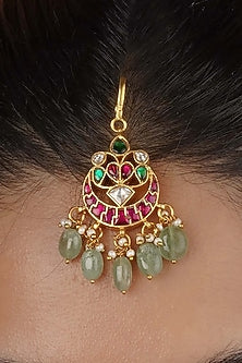 Gold Plated Uncut Polki & Beaded Jadau Maangtikka