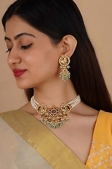 Gold Plated Uncut Polki & Beaded Jadau Choker Necklace Set