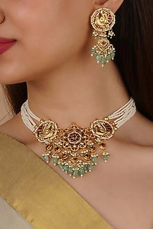 Gold Plated Uncut Polki & Beaded Jadau Choker Necklace Set