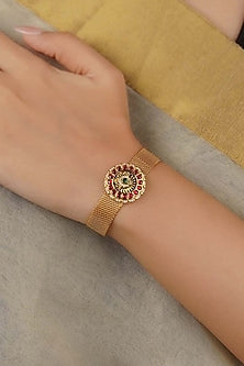 Gold Plated Uncut Polki & Beaded Jadau Bracelet