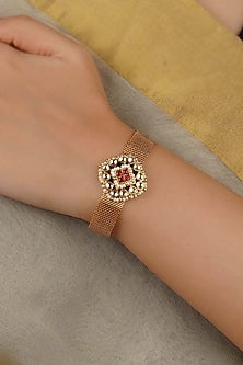 Gold Plated Uncut Polki & Beaded Jadau Bracelet